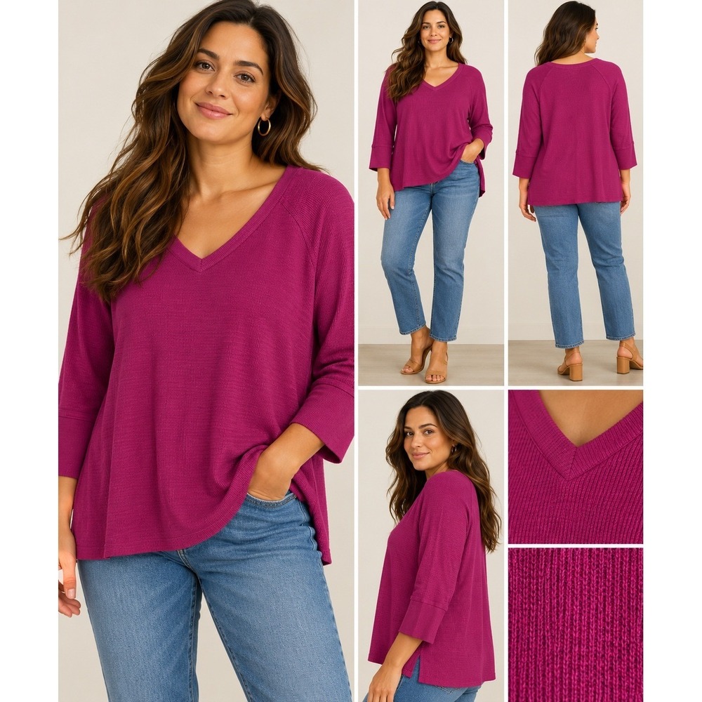 Wildfox Womens XXL Magenta Purple Thermal Waffle Knit V-Neck Raglan Top Pullover